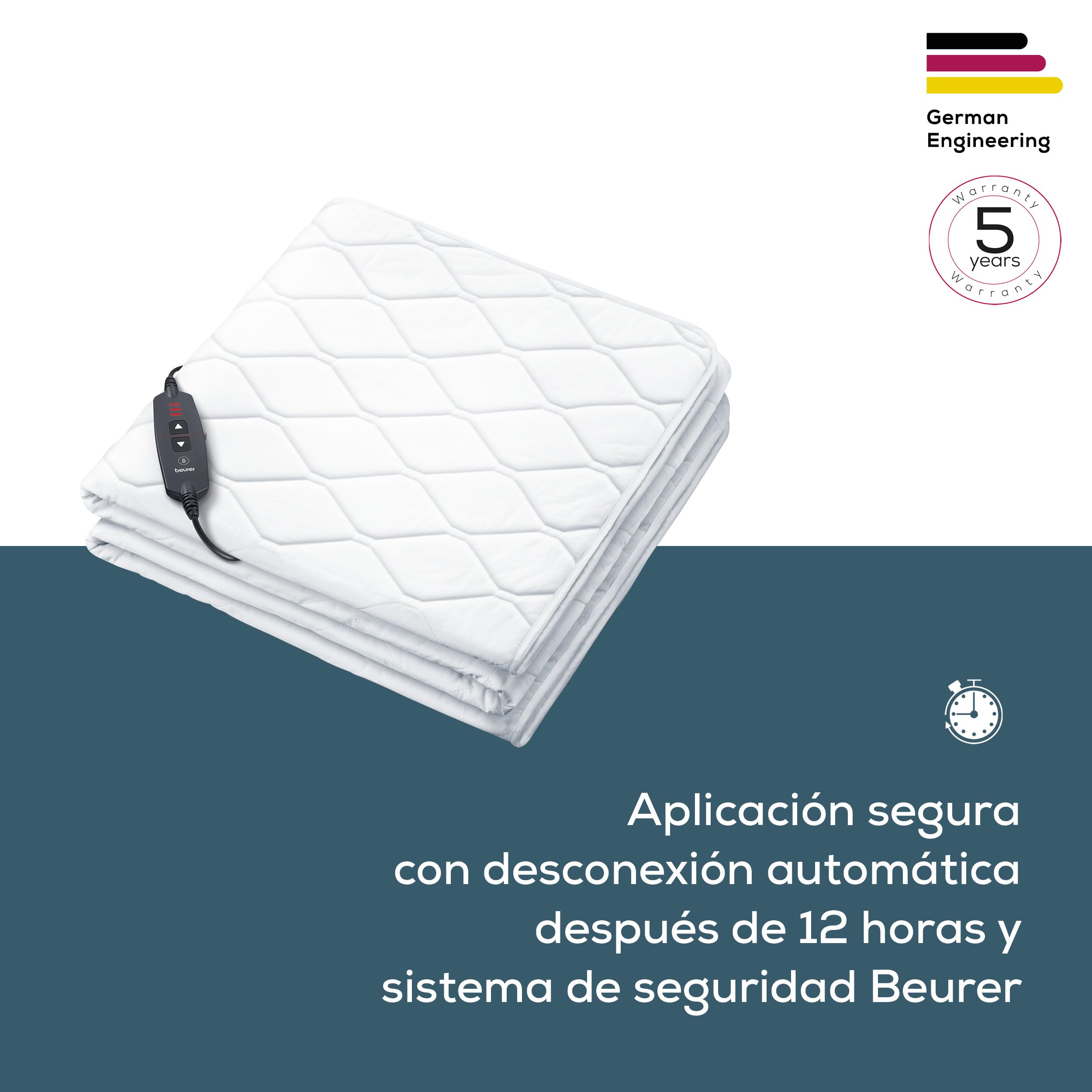 Beurer UB 74 cama térmica, manta eléctrica con apagado automático y protección contra sobrecalentamiento, manta ajustable tipo sábana, 3 niveles, lavable, 200x100 cm