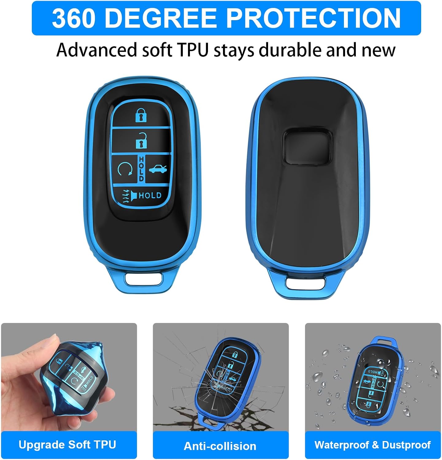 QBUC for honda Key Fob Cover with Keychain, Compatible with 2022 2023 2024 2025 2026 Accord Civic HR-V Pilot CR-V, TPU Protective Smart Remote Key (Blue)