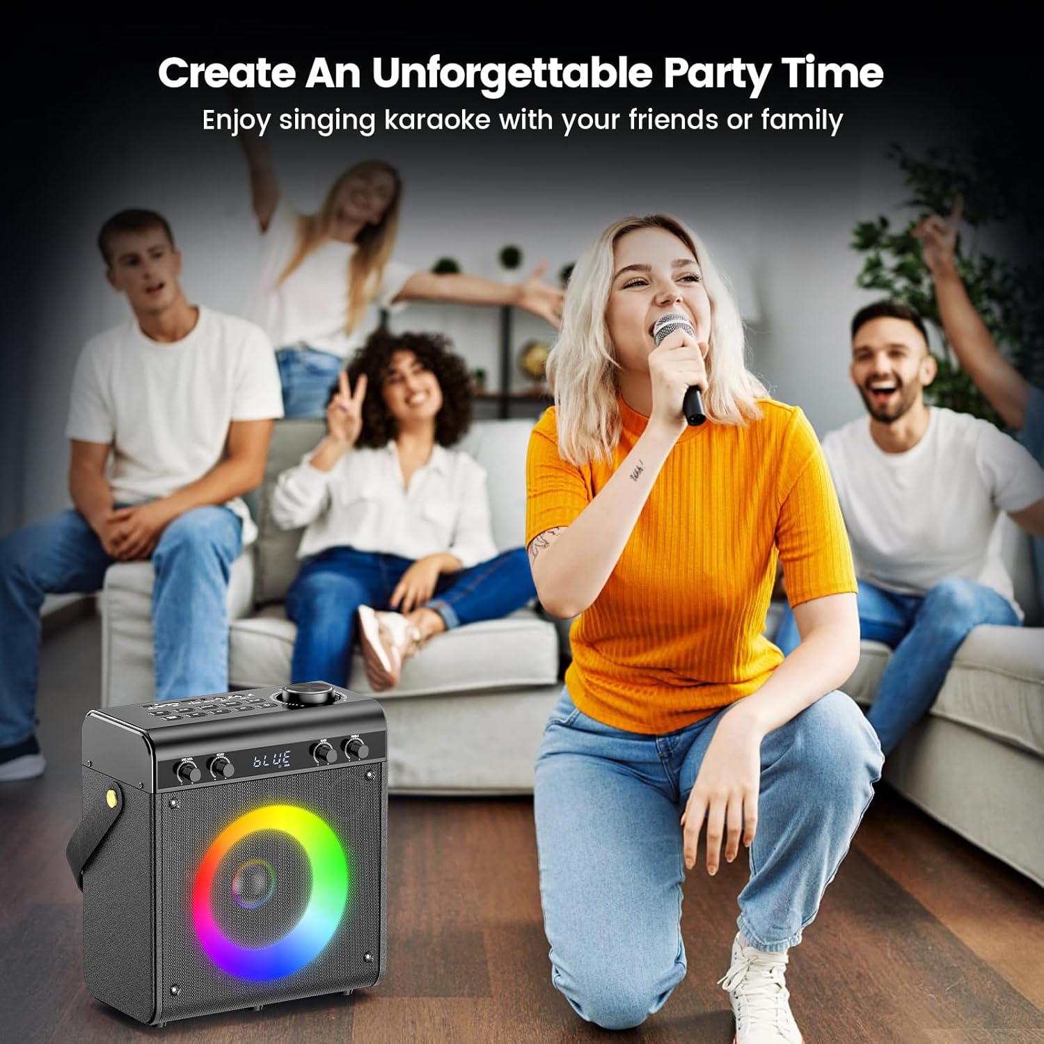 Karaoke Machine with 2 Wireless Microphones, Portable Bluetooth Speaker for Adults Kids with Bass Treble Echo PA System with Remote,LED Light, Supports TF Card,USB,AUX in,TWS,FM,REC for Party Gray image 8 of 8 B0DFPWJ3T3