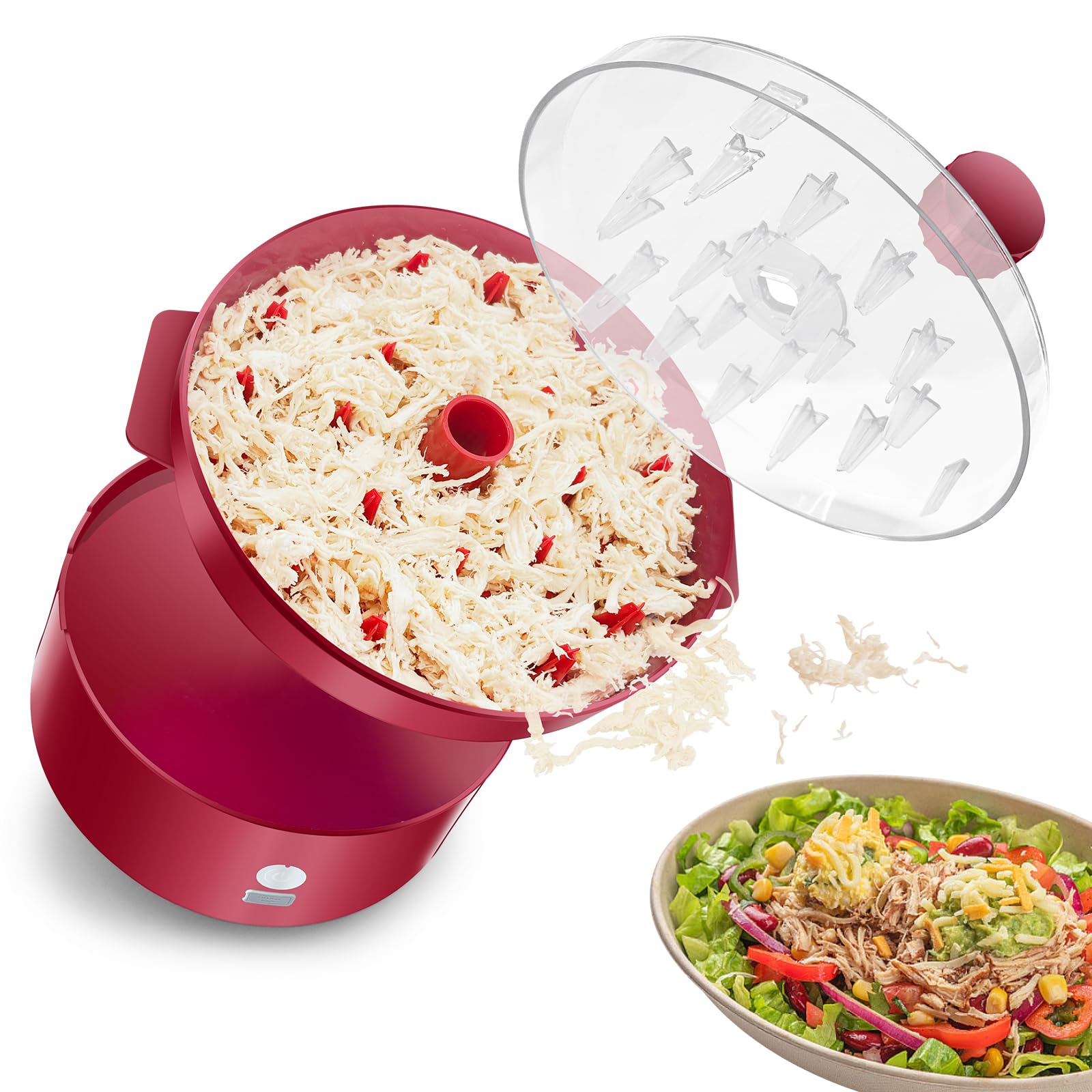 Automatischer Elektrischer Hähnchen-Zerkleinerer|Typ-C Schnellladung & 60min Laufzeit|8"/20CM sichtbare Zerkleinerungskammer mit Bürste/Gabel|BPA-frei spülmaschinenfest|für Meal Prep (Rot)