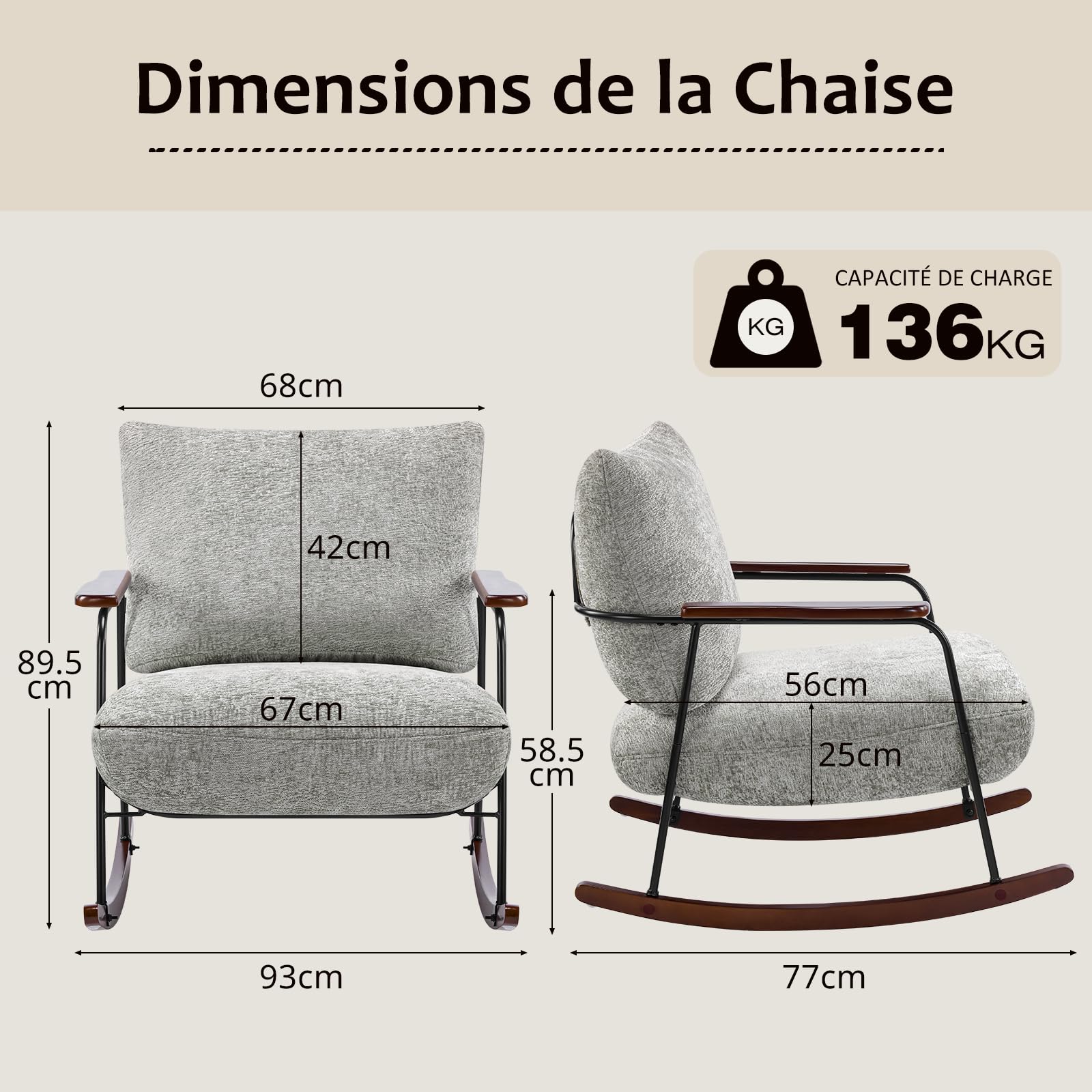 Hellove Fauteuil à Bascule Cocooning en Chenille – Rocking Chair Moderne avec Pieds Bois Massif, Fauteuil Relax pour Salon, Chambre, Coin Lecture, Gris
