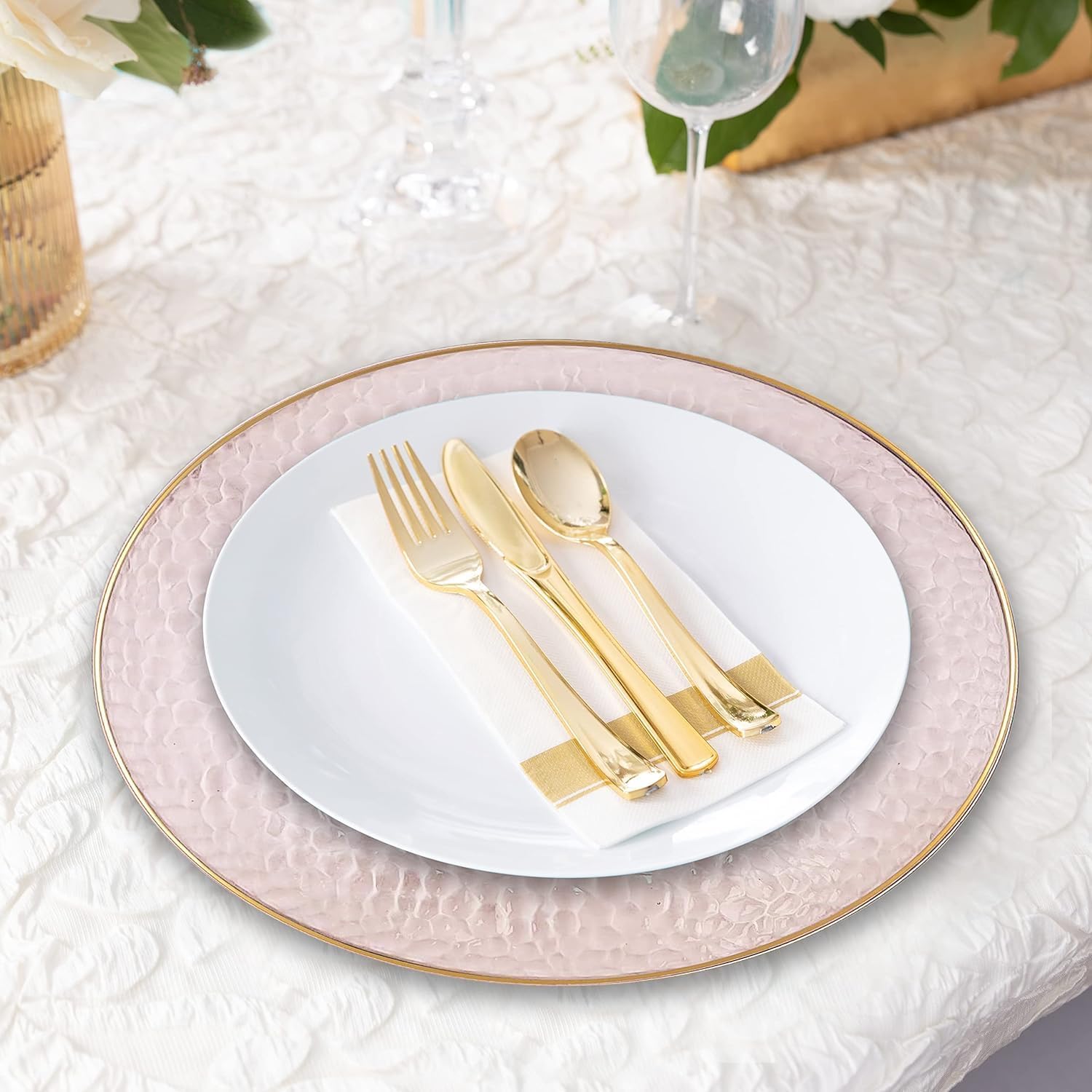 PARTY BARGAINS 13-Inch Charger Plates - 16 Pack, Hammered Pink Gold Rim, Heavy-Duty Disposable Chargers for Elegant Dining - Ideal for Weddings and Formal Events