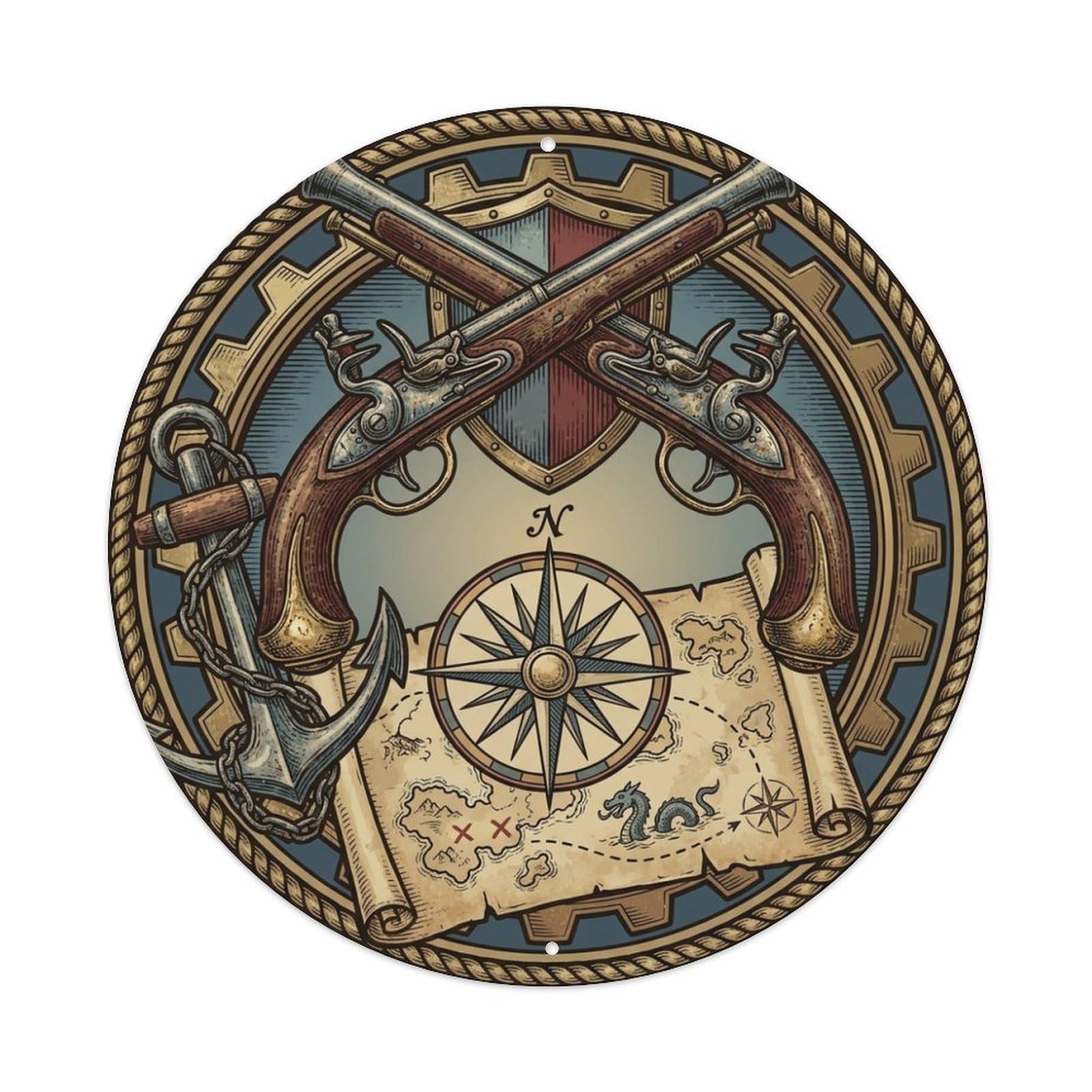 Flintlocks Compass Map Anchor High Seas Weapon Metal Tin Sign