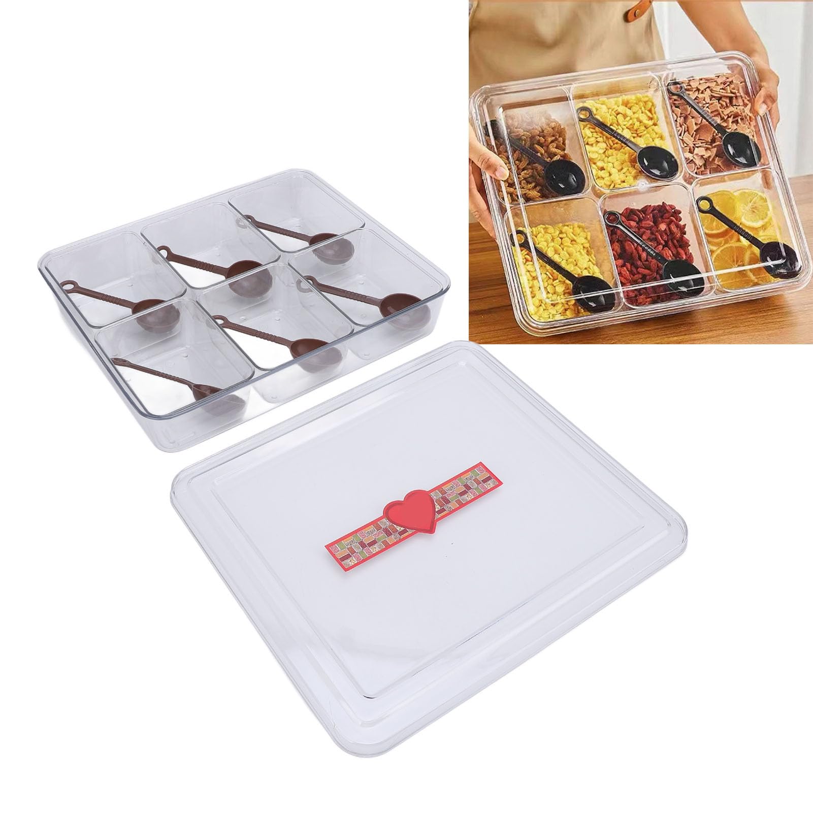 Bandeja para servir dividida con 6 cucharas, 6 compartimentos Caja de condimentos de gran capacidad para frutas Opciones de acero inoxidable y plástico disponibles (Plástica)