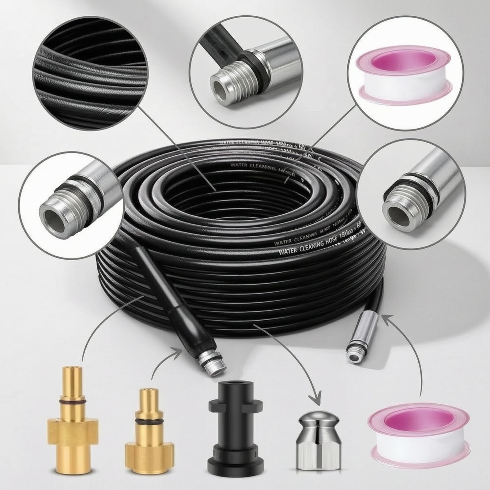 MagiDeal Tubo per Idropulitrice con Kit attatori Completo E Punta per Getto Alta Pressione per Pulizia di Condutture E Canali di Grondaia con Struttura Rinforzata atto per Pulizia Professionale
