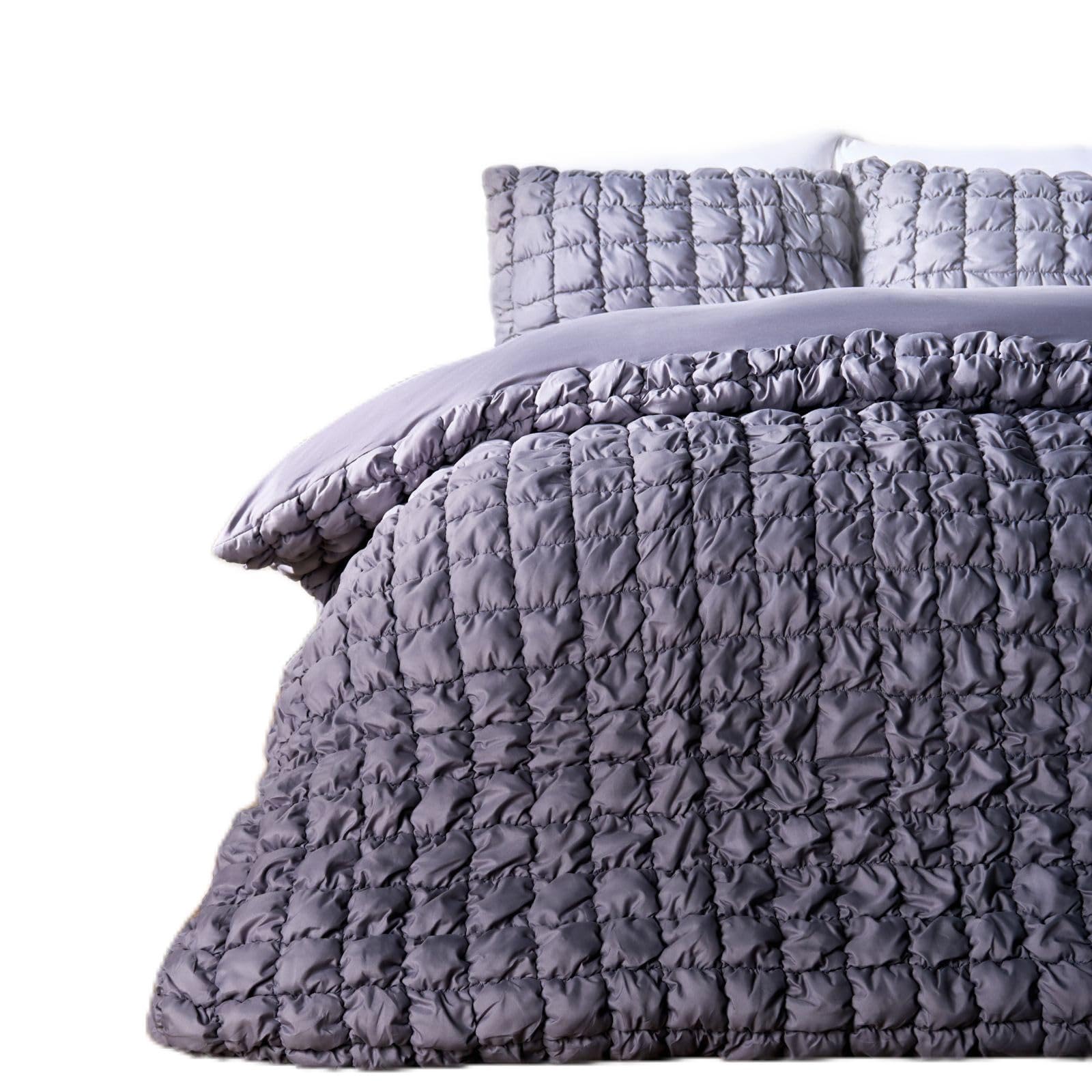 Ohs Grey Bedding King Size Duvet Cover Set, Ultra Soft Warm Cosy Filled Seersucker Duvet Cover Luxury Plain Dye Textured Crinkled Quilt Covers King Size With Matching Pillowcases