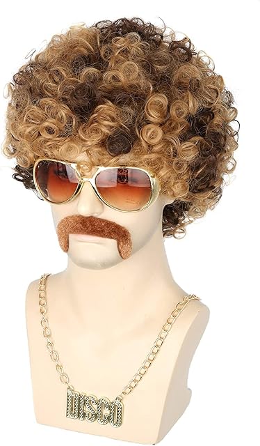Topcosplay 3 PCS Men's Wig 70s 80s Disco Dude Dirt Bag Wig & Moustache Necklace Short Curly Afro Shaggy Wig Blonde Mixed Black