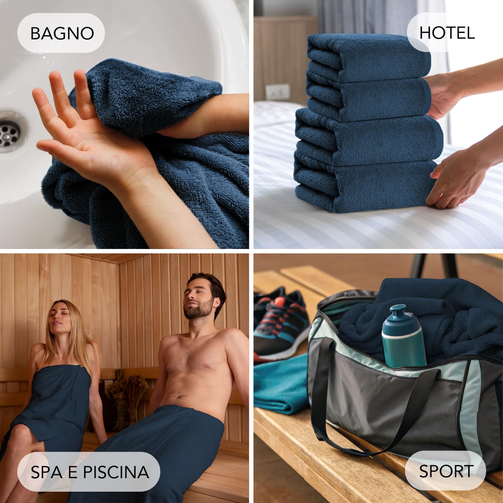 SLEEPZEN - Set di Asciugamani da Bagno (2x 50x100 + 2x 70x140 - Blu Poseidone) Cotone Biologico GOTS - 500 g/m² - Ultra Assorbenti - Morbidissimi - Prodotto in Portogallo - Certificato Oeko-Tex