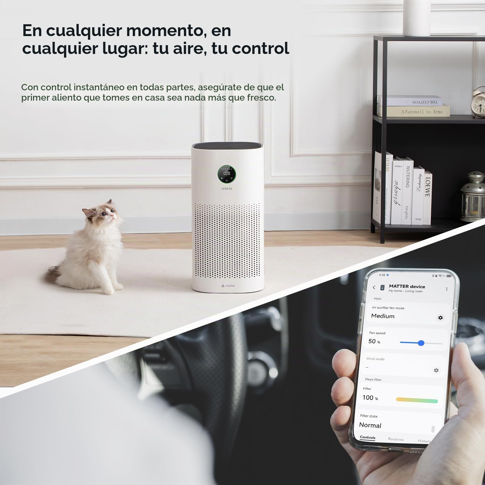 Purificador de aire con compatibilidad Matter, apto para Apple Home, Alexa, Google Home, filtro HEPA H13, prefiltro lavable, modo Eco (Purificador 240 m² con Matter)