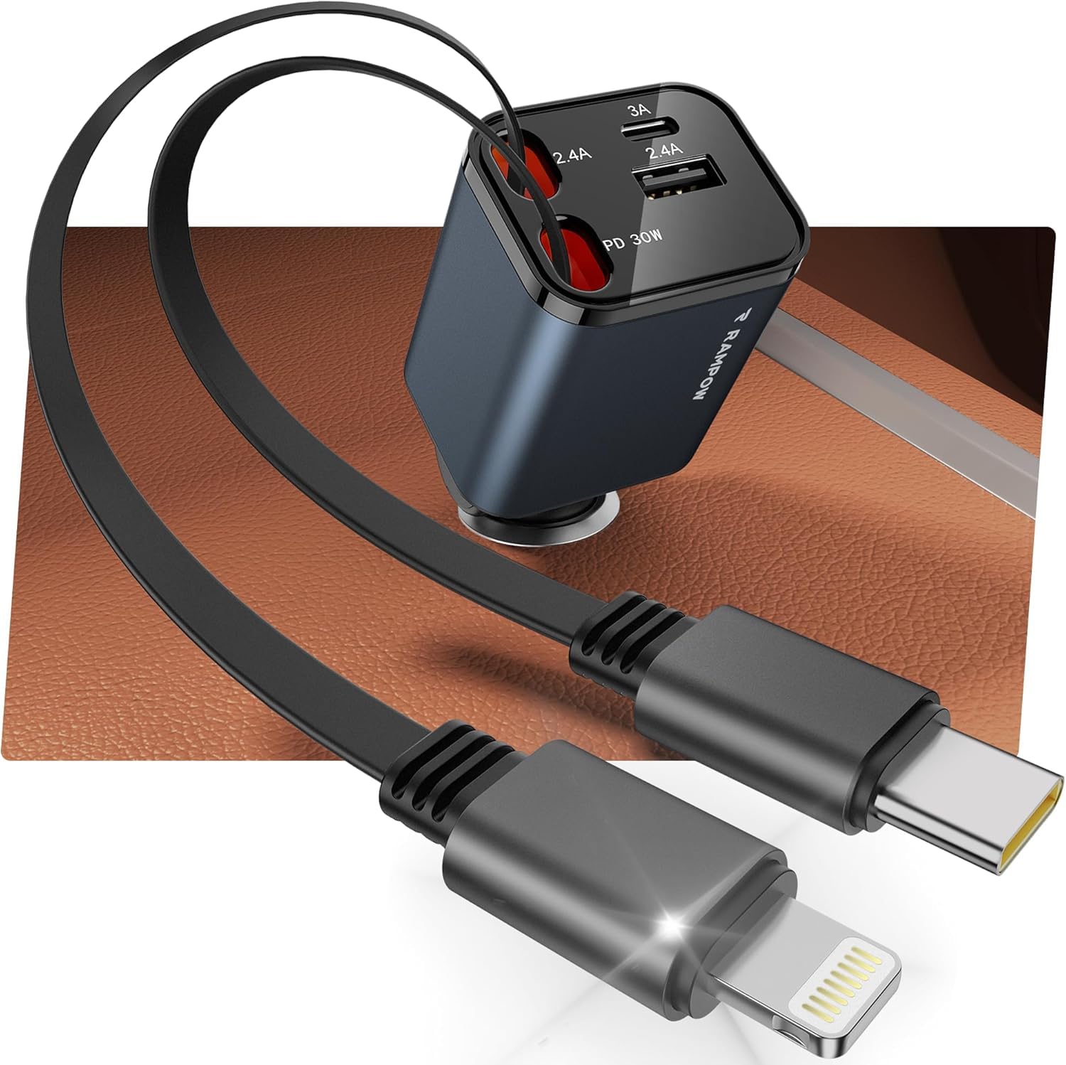 Caricatore Auto USB-C 60W Retrattile - PD 3.0, Con Cavo Integrato, Per IPhone, Samsung, IPad, Android