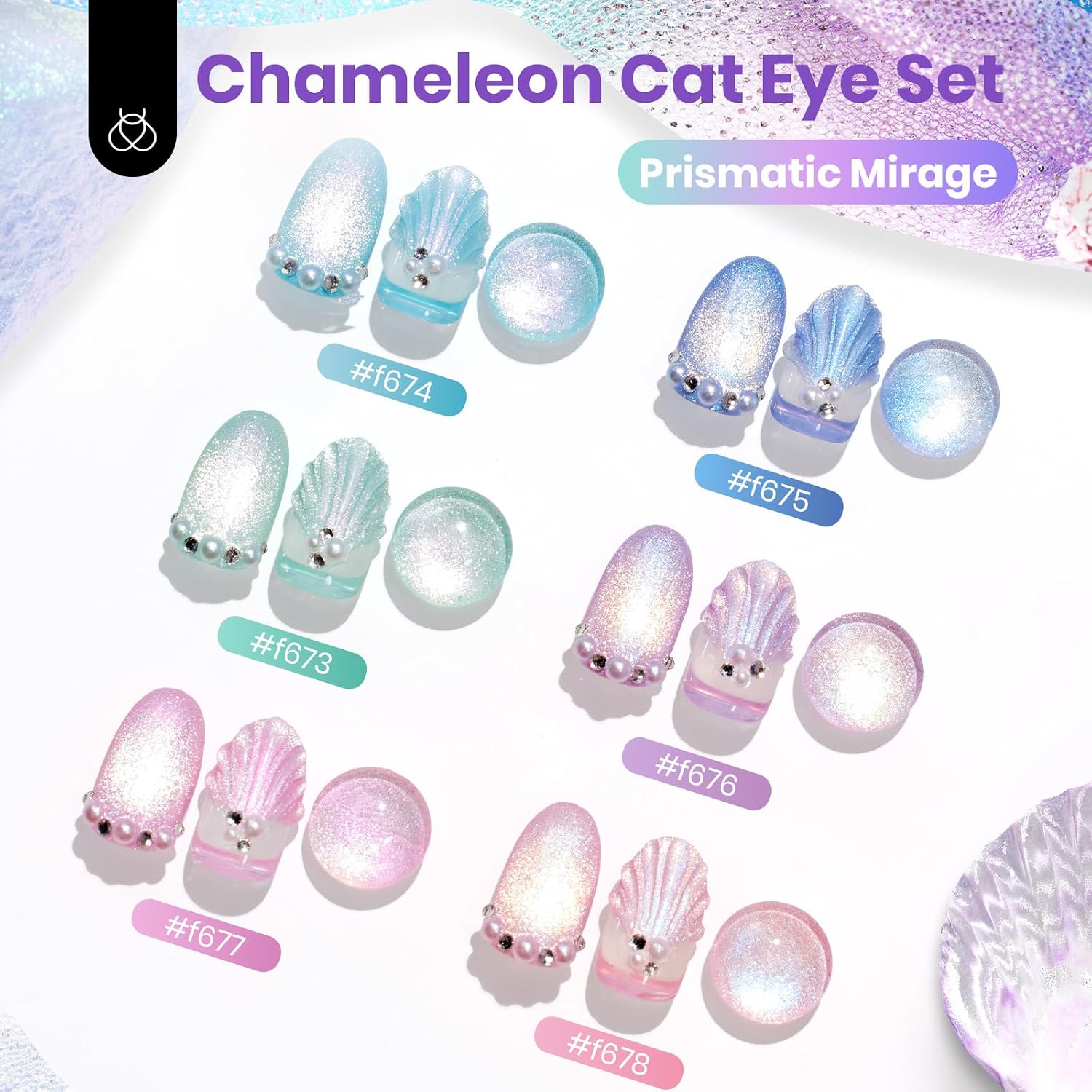 Beetles Prismatic Mirage Cat Eye Gel Nail Polish Set - 6 Colors Spring Cat Eye Gel Polish Kit Green Pink Blue Purple with Magnet Soak Off UV Salon Nail Art Manicure Gift for Women
