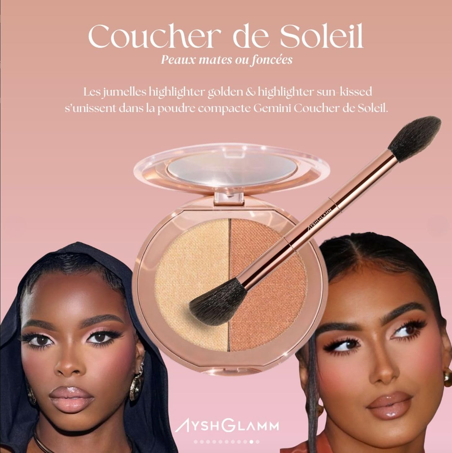 Ayshglamm | Kit Pinceau Gemini Touch & Duo Poudre Coucher de Soleil | Blush Pêche et Highlighter Doré Complémentaires | Glow Intense et Éclat Solaire