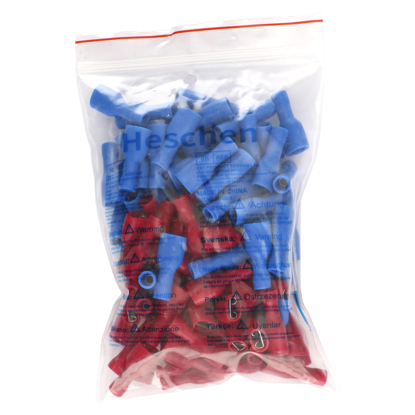 Heschen Terminales rápidos hembra de vinilo totalmente aislados 6.3x0.8mm, rojo para 0.5-1.5mm² (22-16 AWG), azul para 1.5-2.5mm² (16-14 AWG), 100Pack
