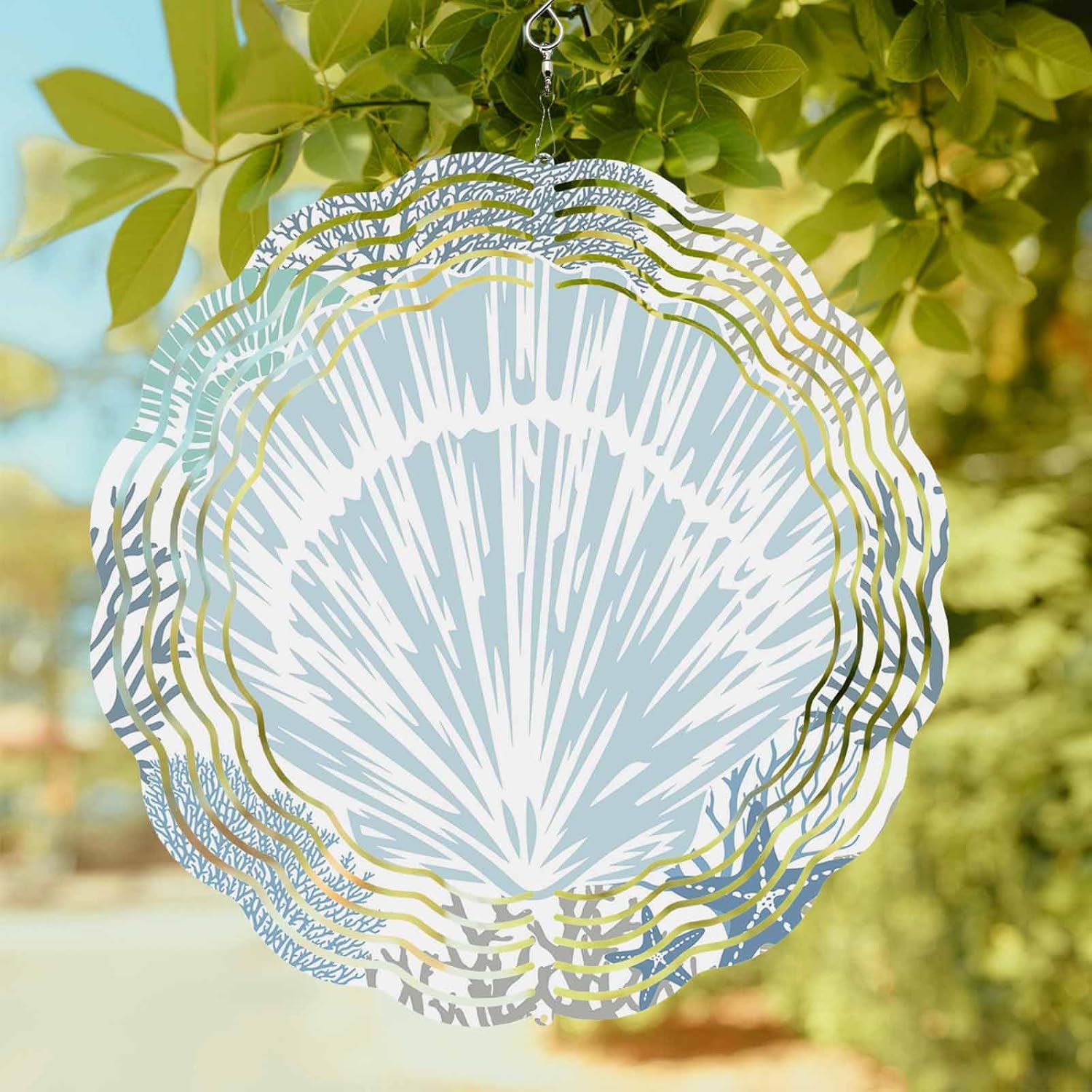 Watercolor Marine Life Corals Starfish Wind Spinner for Garden Yard 3D Stainless Steel Hanging Wind Spinners, Blue Shell Conch Spinners Outdoor Metal Decor for Lawn Patio Home