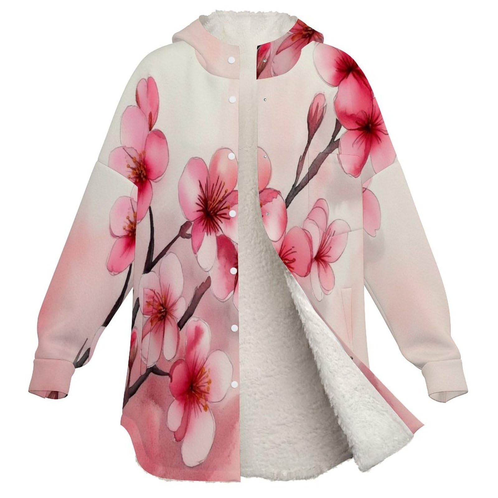 Veste à Capuche en Polaire D'Une Branche Cerisier En Fleurs Manteaux Doublée de Sherpa Ambiance Printanière - Hiver chaud - Super Doux et Confortable - Sweat à Capuche Manches Longues, Poudre Blush