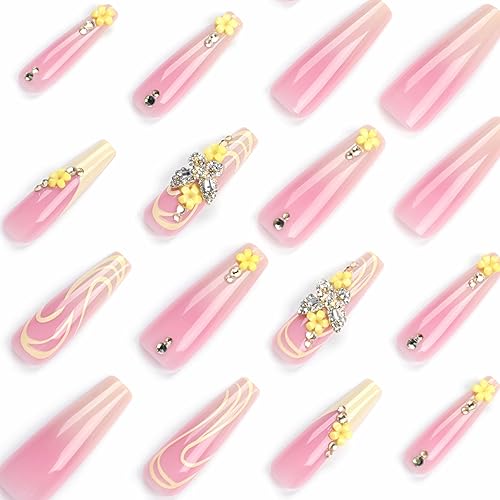 Miniatura 4 de BABALAL Uñas postizas extralargas a presión en forma de ataúd, uñas postizas de color amarillo y rosa degradado, uñas acrílicas con dije de mariposa