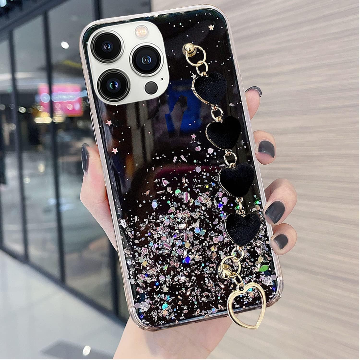KC Back Cover for Apple iPhone 15 Pro - Non Moving Dry Fixed Glitter Luxury Shiny Love Hearts Wrist Bracelet Chain Holder Soft Silicone Case (Black) (B0CLG981H1) Amazon Price History, Amazon Price Tracker