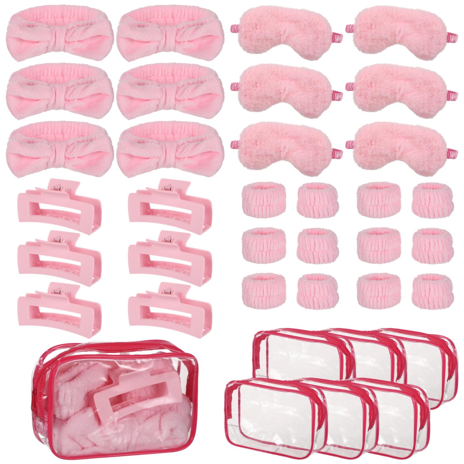 BOSREROY 6 Sets Rosa Party-Mitgebsel für Übernachtungsparty, mit Schlafmasken, Haarbändern, Haarclips, Armbändern und Kosmetiktaschen, Zubehör für Slumber- und Spa-Party, ideal für Mädchen