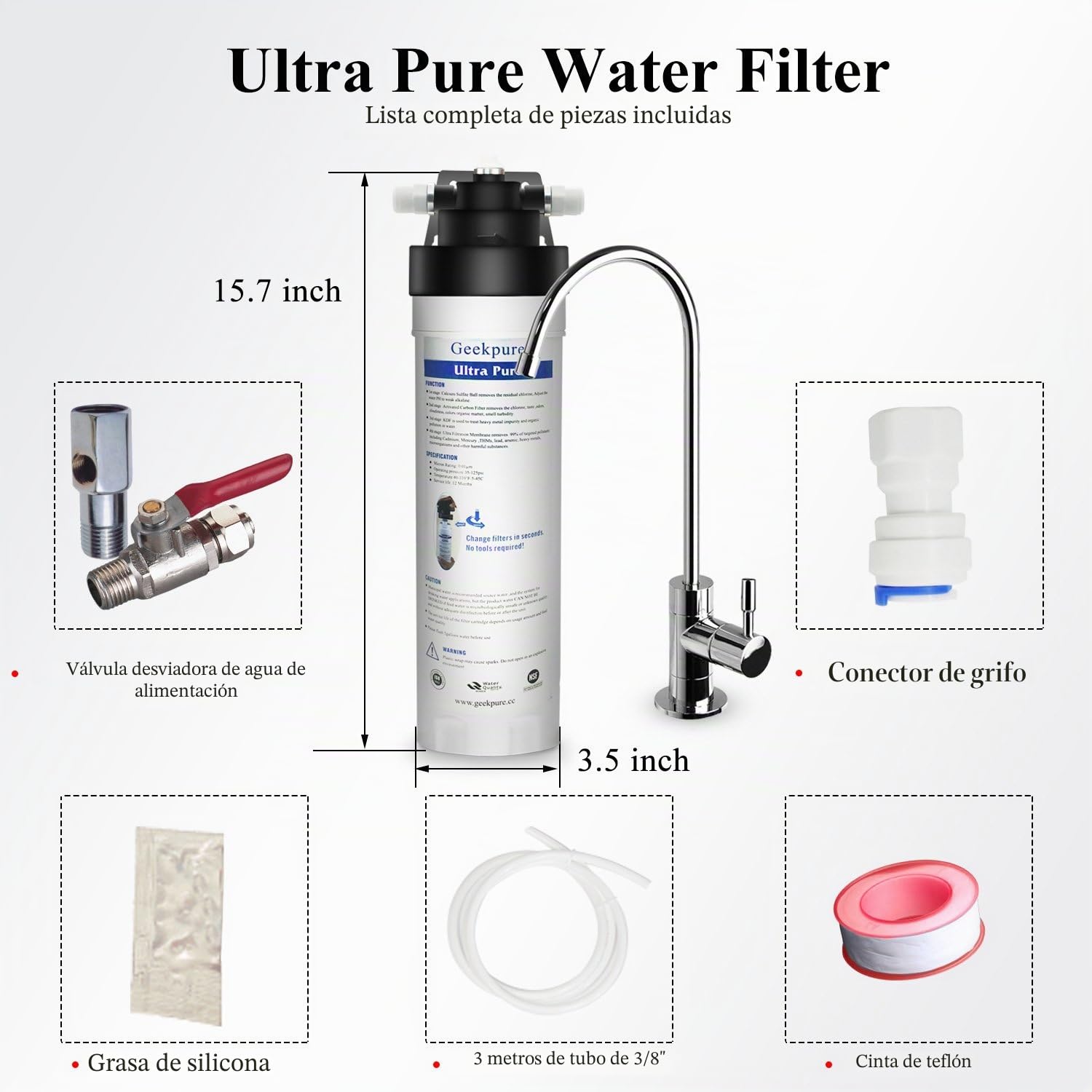 Geekpure Sistema de Filtración de Agua Potable Bajo Encimera de 4 Etapas Ultra Puro de Alta Capacidad y Conexión Directa -0,01 Micras