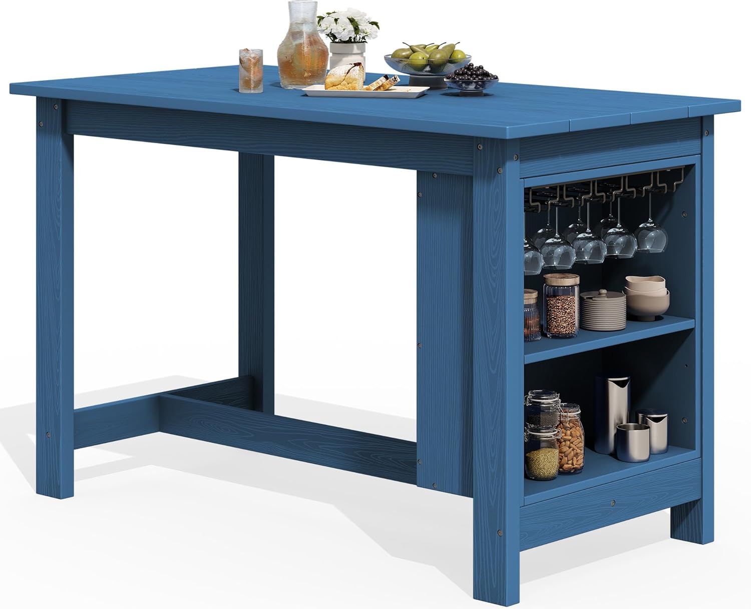 SERWALL Outdoor Bar Table, All Weather HDPE 36" Counter Height Dining Table with Storage and Wine Rack for Patio, Garden, Backyard, Balcony, Poolside, Blue