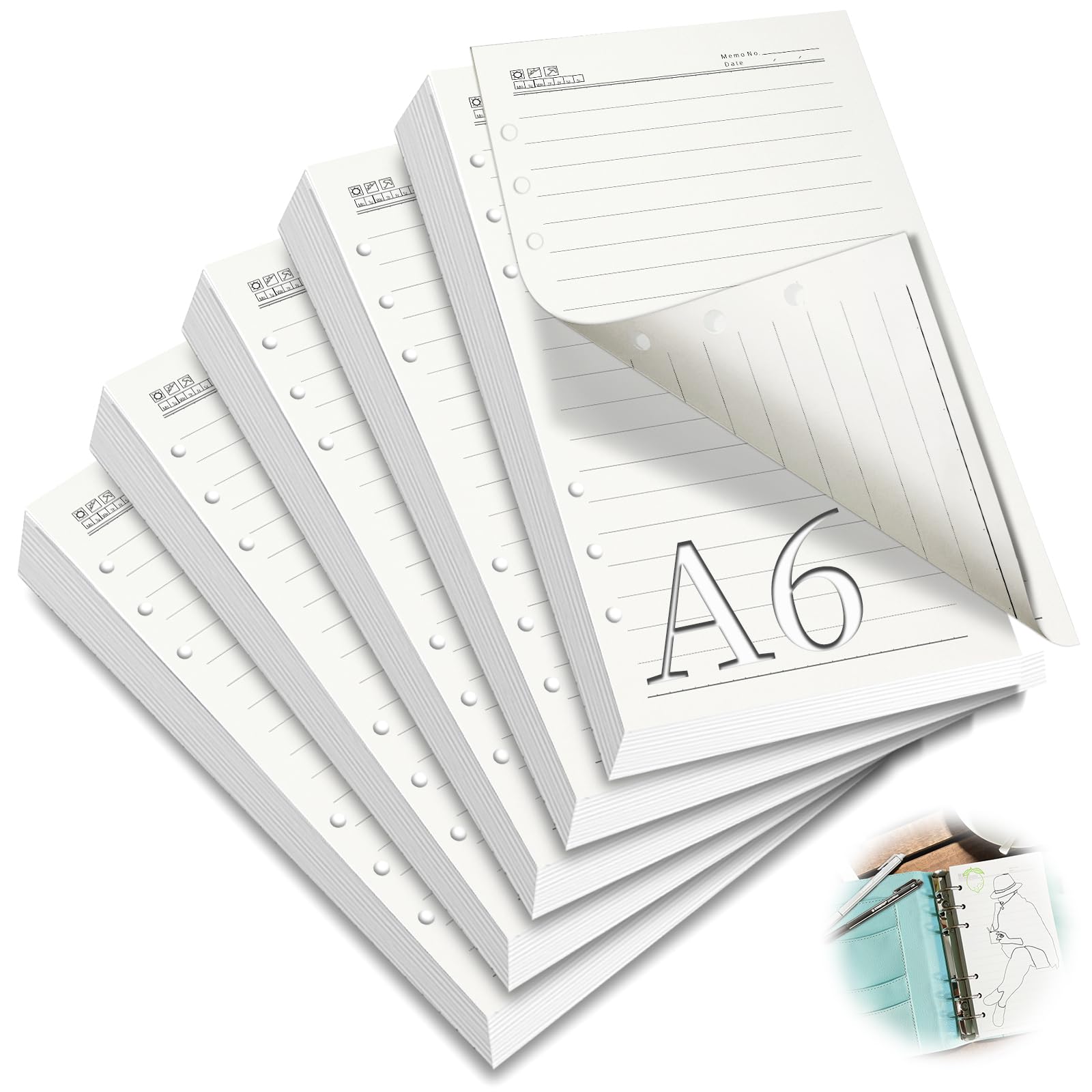 Papier wypełniający A6, 300 arkuszy, do segregatora, wkładki, wkładki, wkładki, 6 pierścieni, do planerów, wkładek, pamiętników, szkicowników, notebooków, 5 szt
