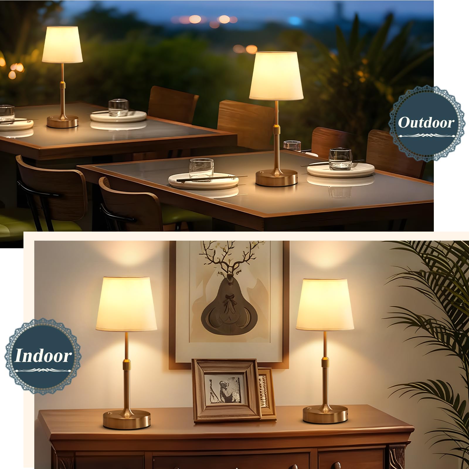 Lampada da comodino ricaricabile, lampada da tavolo dimmerabile a batteria, 6000 mAh, lampade da comodino wireless con paralume in tessuto, luci dorate portatili con controllo touch per camera