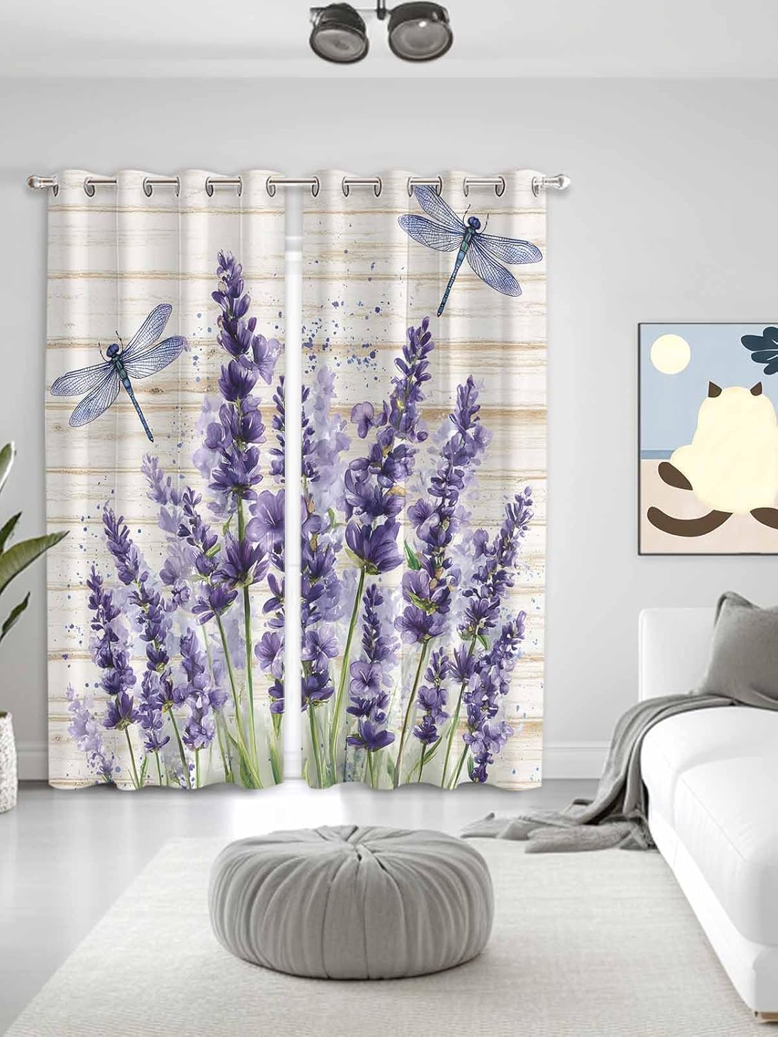 Purple Floral Lavender Dragonfly Kitchen Curtains Window Drapes Treatment, 2 Panels Sheer Curtains for Kitchen Cafe Office, Retro Country Wooden Board 104W x 96L inch