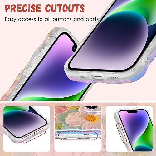 Miniatura 6 de QLTYPRI Funda para iPhone 13, colorido láser retro pintura al óleo patrón de flores, lindo marco de onda rizada, exquisita funda para teléfono para