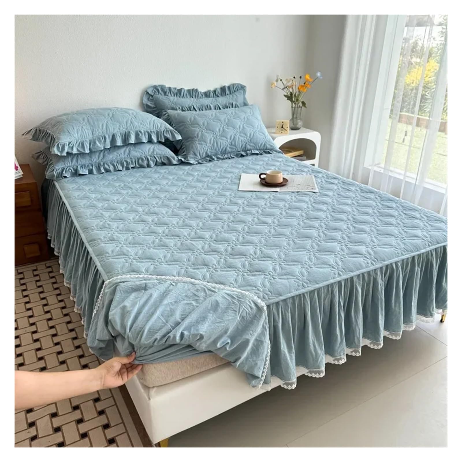 Falda de cama acolchada azul para dormitorios familiares confortables de matrimonio
