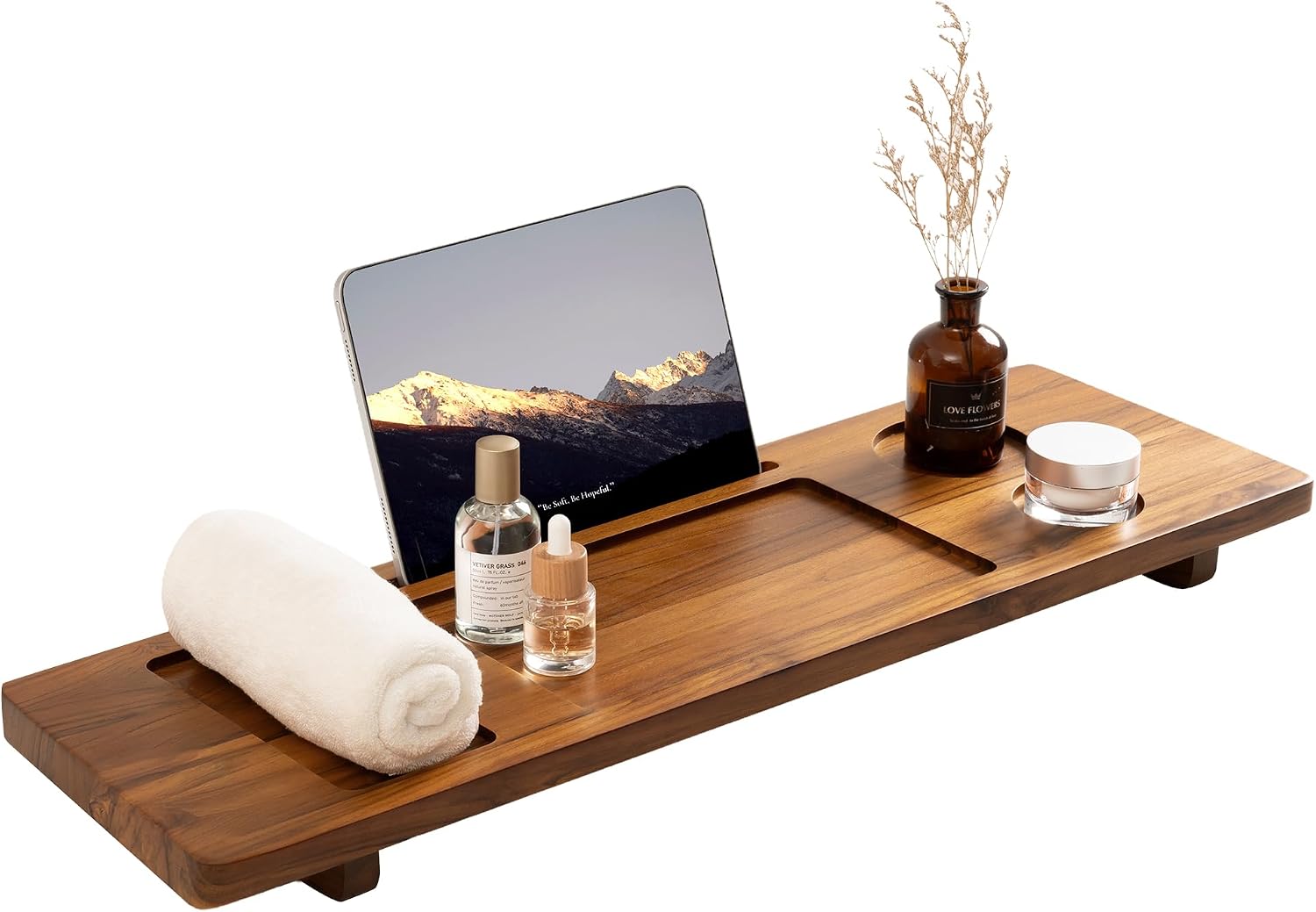 bathtub tray with tablet holder shown with a book stand and tablet viewing setup