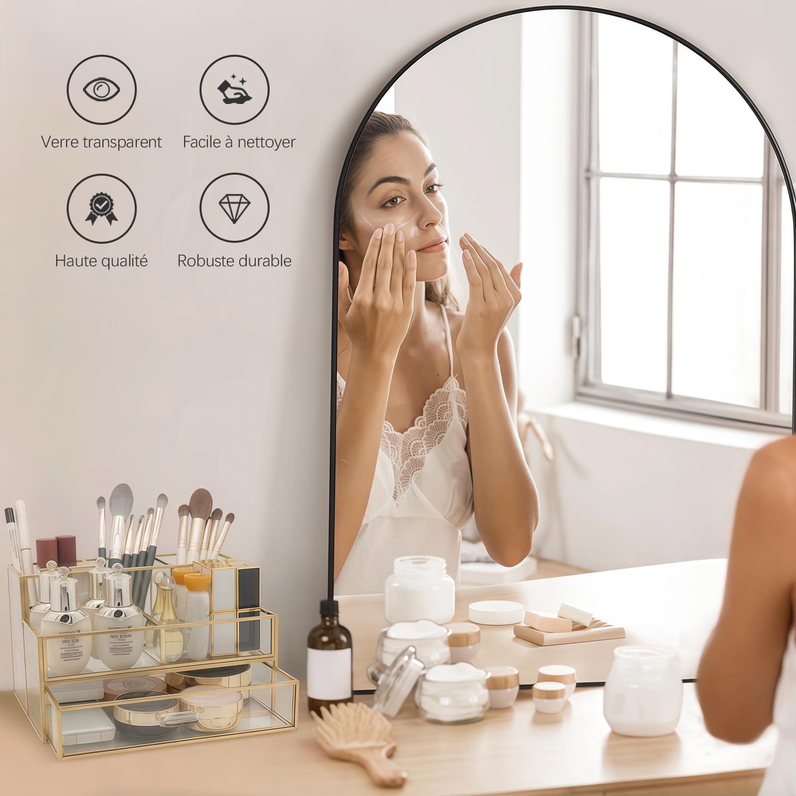 HARLIANGXY Organisateur Cosmétique avec Tiroirs, Rangement de Pinceaux de Maquillage, Makeup Organizer Box, Organisateur de Beauté pour Coiffeuse, Comptoirs de Salle de Bains, Doré