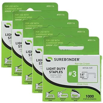 55114#3 Light Duty Narrow Crown Staples - 1/4" Length - 1000/box, 5 Pack