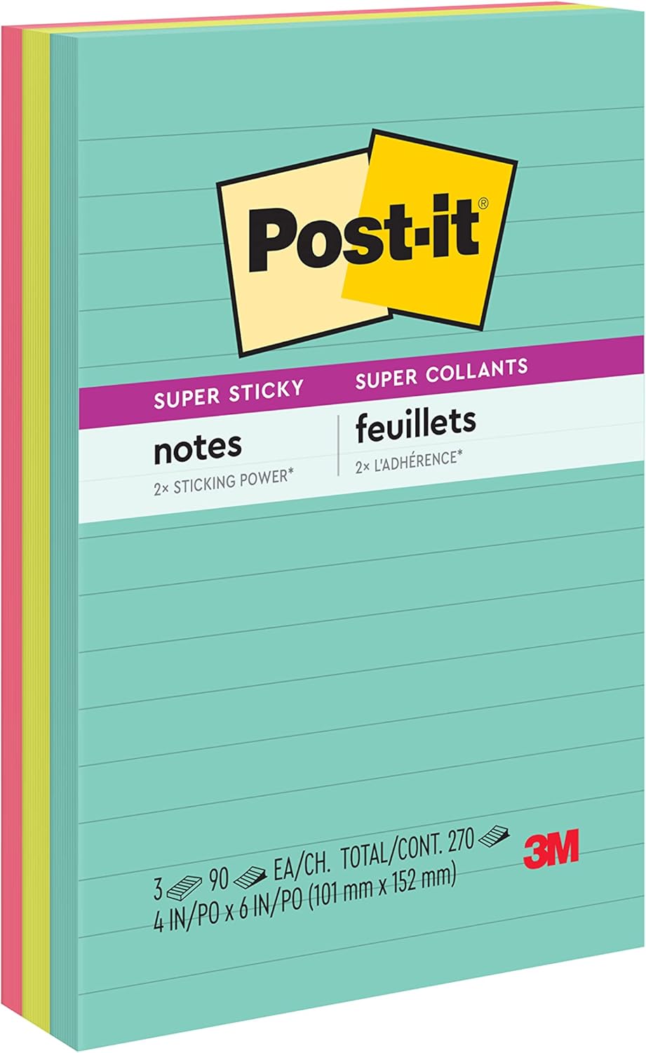 Post-it Super Sticky Notes, 4x6 in, 3 Pads, 2X The Sticking Power, Supernova Neons, Bright Colors, Recyclable, Pack of 12, 36 Pads Total