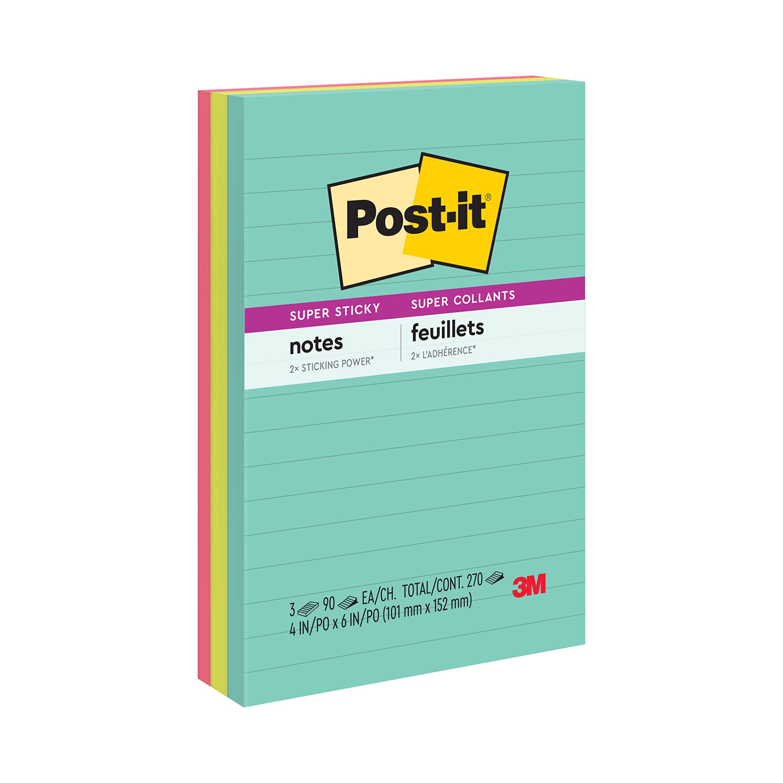 Post-it Super Sticky Notes, 10,2 x 15,2 cm, 3 blocchetti, 2 X The Sticking Power, Supernova Neon, colori vivaci, riciclabili (660-3SSMIA), (confezione da 12)