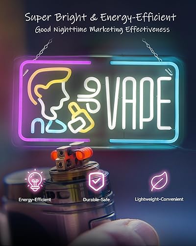 Miniatura 7 de Señal de neón LED Vape, 16.9 x 5.9 pulgadas, brillante LED Vape Sign por USB con interruptor de encendidoapagado, con cadena colgante, para pub,