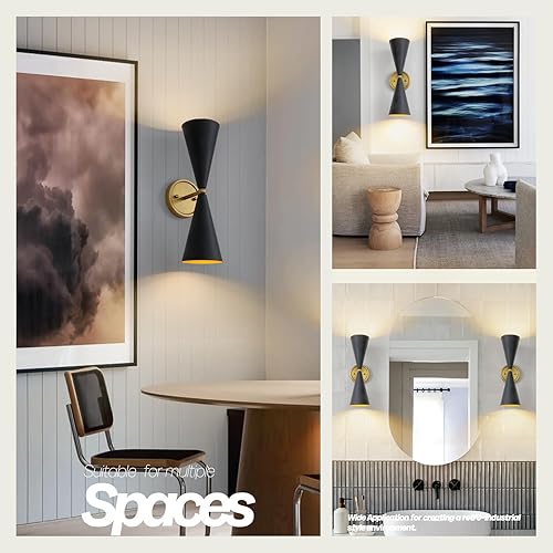 Miniatura 9 de Moderno aplique de pared negro y dorado, apliques vintage de doble cabeza hacia arriba y hacia abajo, lámpara de pared con cableado interior para