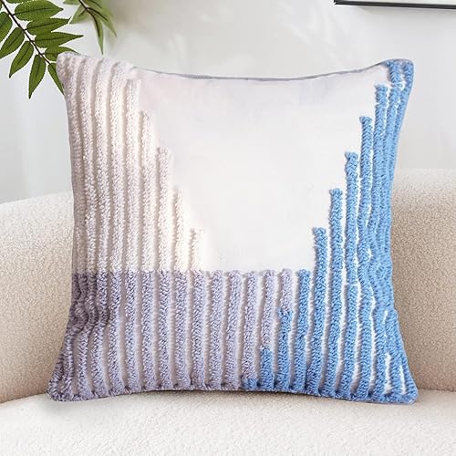 Miniatura 8 de Fundas de almohada decorativas de estilo bohemio azul de 18 x 18 pulgadas, fundas de almohada modernas a rayas copetudas, fundas de almohada