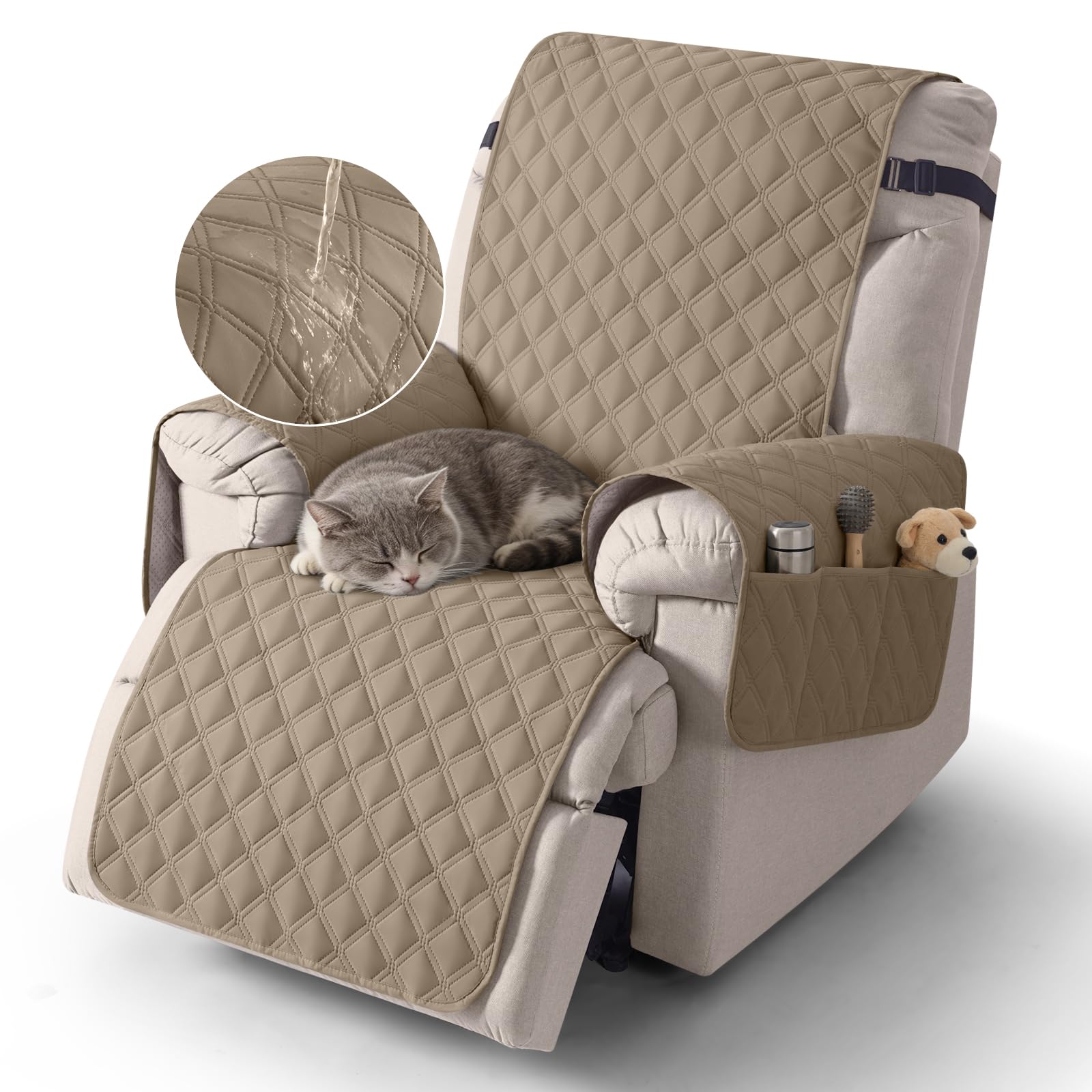 TAOCOCO 1 Seater Recliner Covers,Waterproof Recliner Protector,Armchair Covers with Pockets,Recliner Chair Slipcovers,Anti Slip Reclining Sofa Covers,Arm Chair Covers for Pets/Dogs/Kids(Begie)