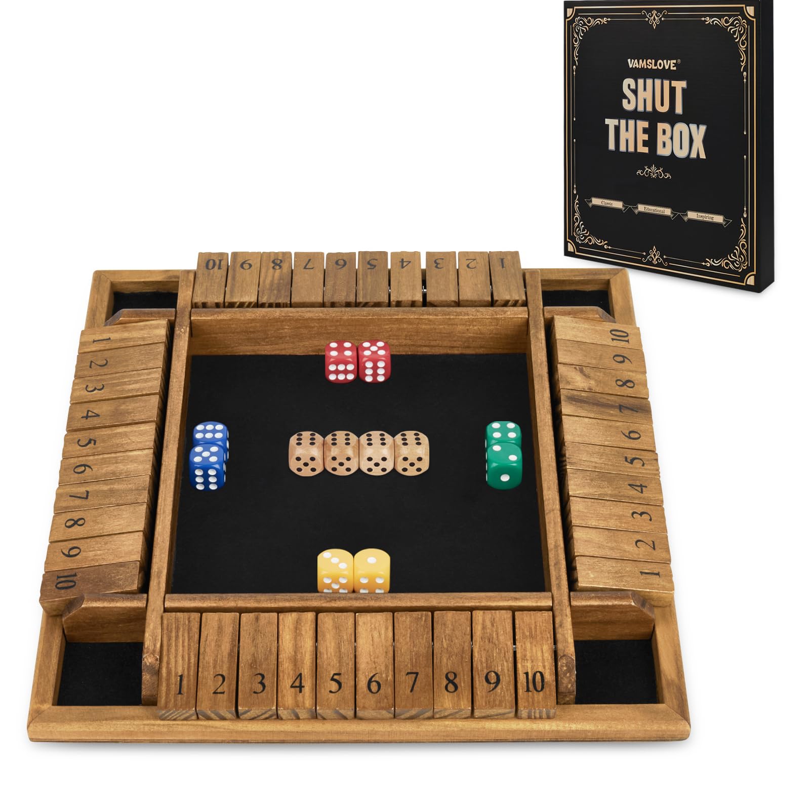 Vamslove 12 inches Shut The Box Dice Game Wooden Board Table Math Game with 8+4 Dice for 2-4 Player, 4 Sided 10 Numbers Close The Box for Kids Adults(Instructions Included)