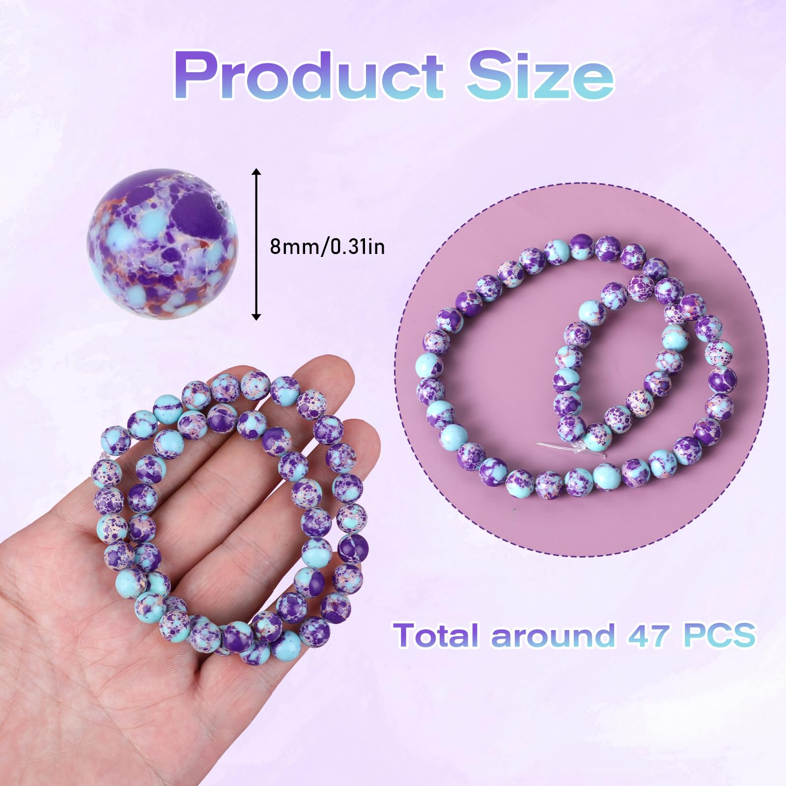 Bewudy Naturalne koraliki do produkcji biżuterii, 8 mm, niebieski, fioletowy, cesarski jaspis, koraliki z kamienia naturalnego do bransoletki, naszyjnika, biżuterii, samodzielnego wykonania