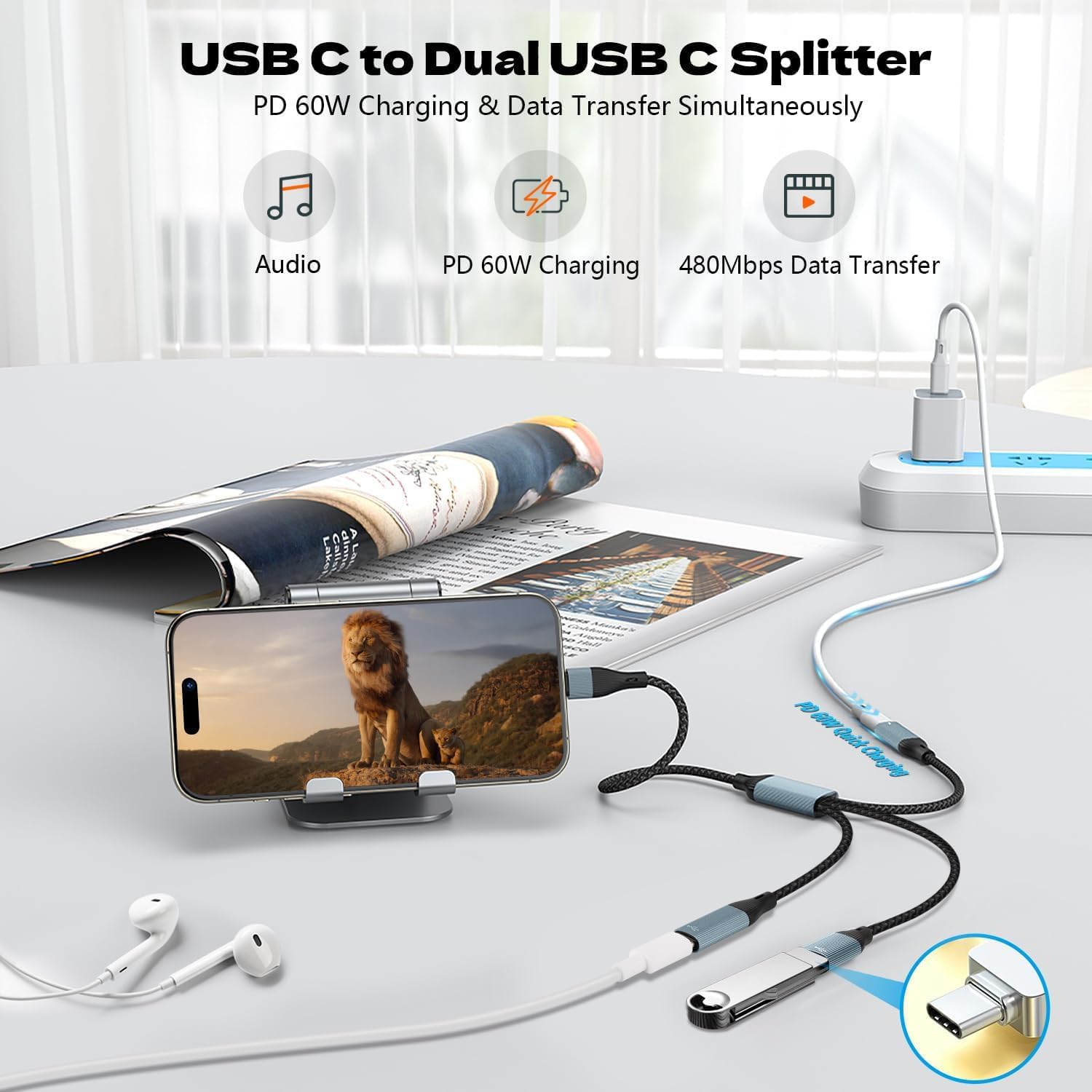 USB C to Three USB C Female OTG & Data and Charger Splitter Cable, 3 in 1 Type C Headphone Adapter OTG Data Cable with PD 60W Charging Compatible with MacBook Air/Pro, iPad Pro/Air, iPhone 17/16/15