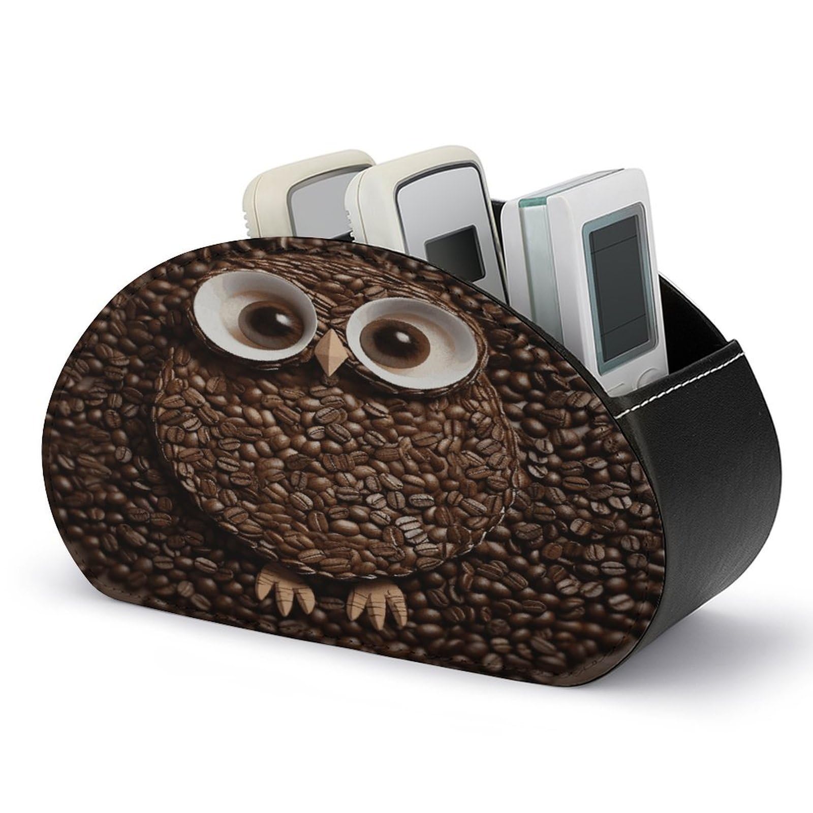 VstaDank Coffee Bean Owl Remote Control Holder with 5 Compartments PU Leather Remote Caddy Desktop Organizer Store TV Remote Control Storage Box for Home Office Desk Nightstand