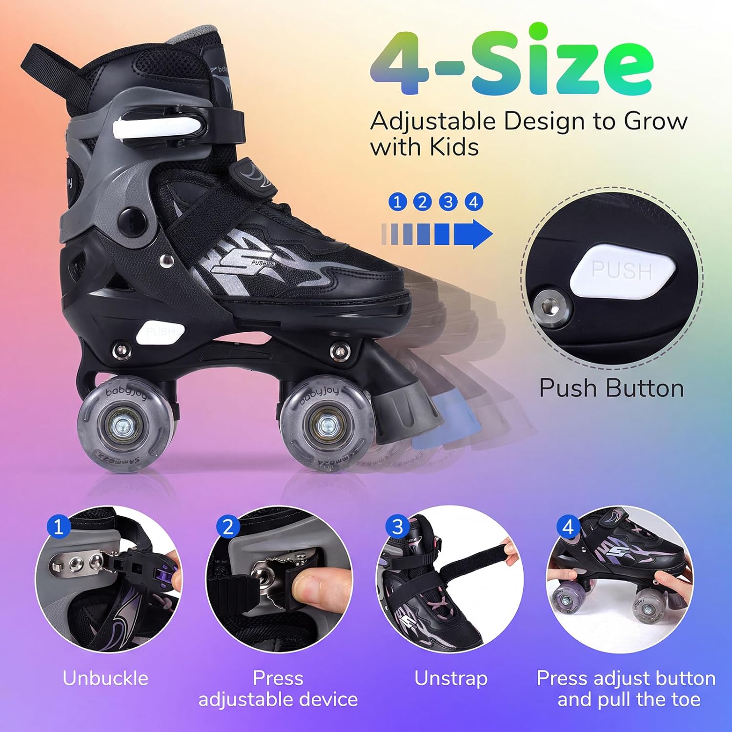 BABY JOY Roller Skates, 4 Sizes Adjustable Quad Skates for 5-14 Years Old Boys Girls Teens with Light-up Wheels & Safety Protection, Fun Illuminating Kids Skates - Image 3