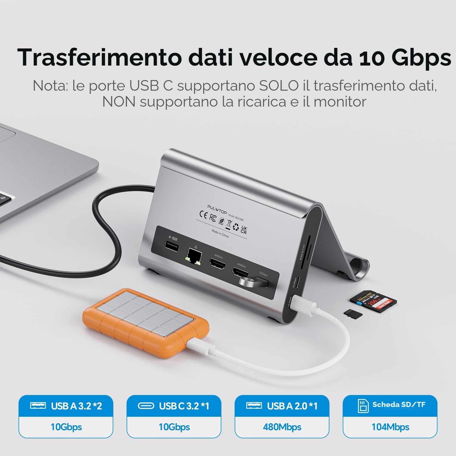 MacBook Docking Station Dual Monitor 4K@60 Hz per MacBook Pro/Air M3 Pro/M4/M5 Pro/Max, Docking Station USB C per laptop con 2 HDMI, PD, Ethernet, USB A/C 10 Gbps, audio, SD/TF, USB 2.0