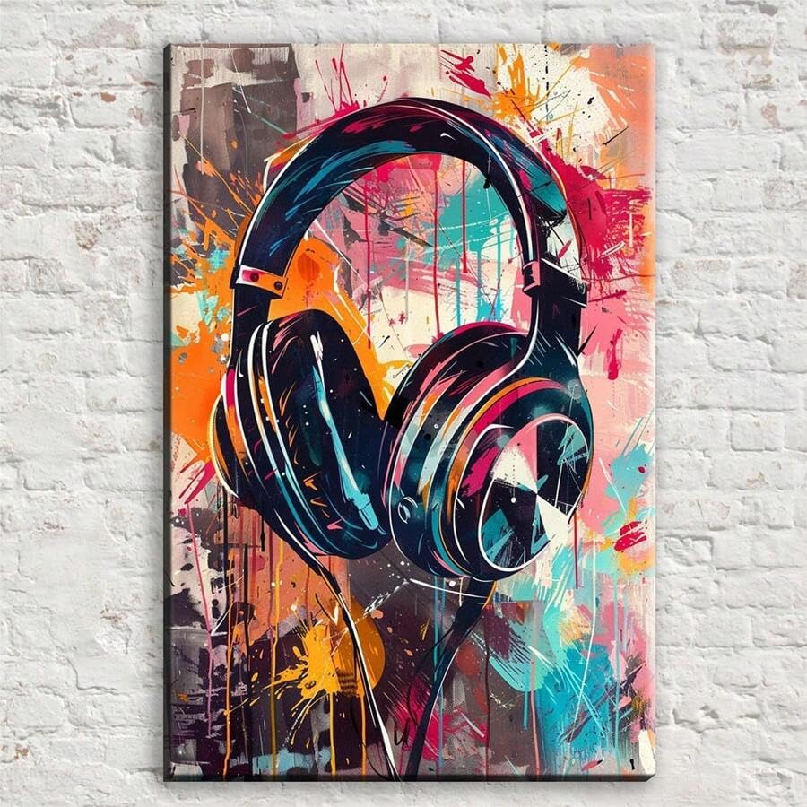 Toile vintage graffiti et casque de musique pour embellir un bureau ou loft contemporain