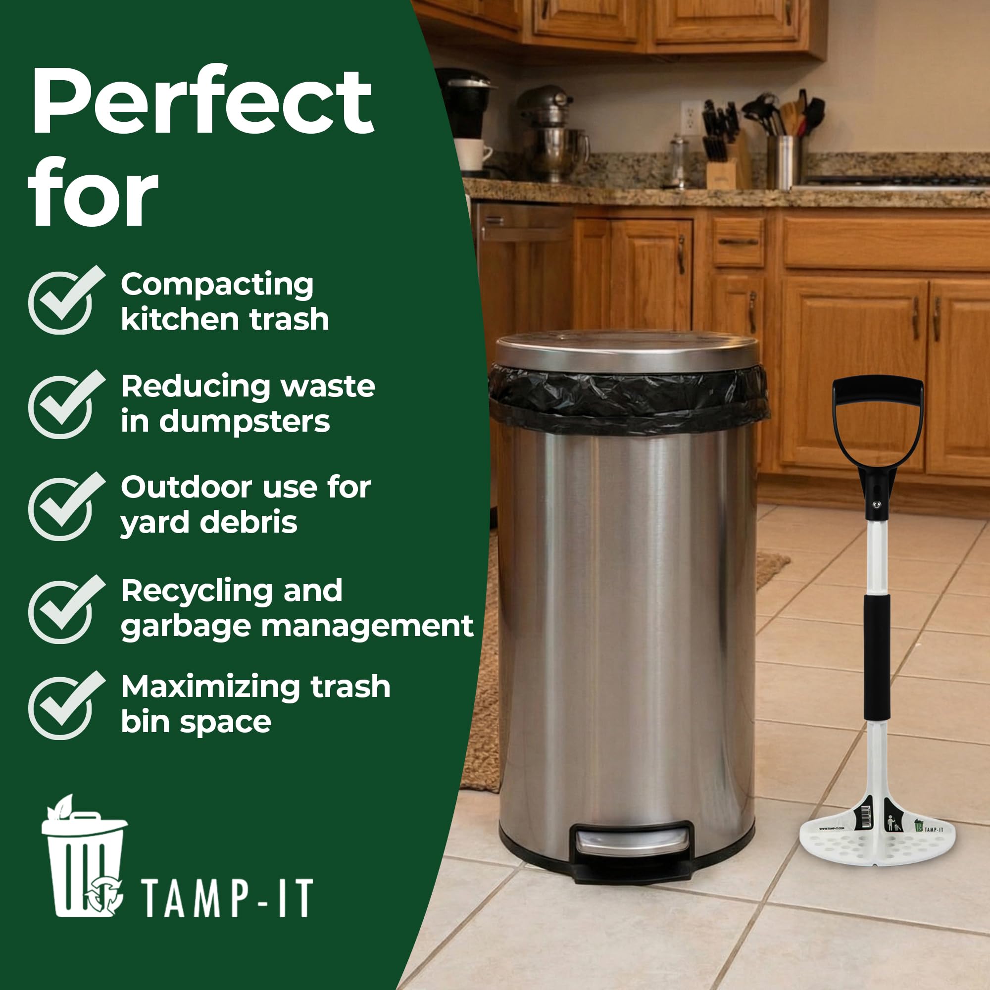 TAMP-IT Next Gen Manual Trash Compactor – Heavy Duty Smasher Tool for Kitchen, Dumpster, Outdoor Use, Garbage Recycling, Steel Ground Tamper, Trash Can Compactor Tool, 22 x 7.5 Inches, White, D-Handle - 4