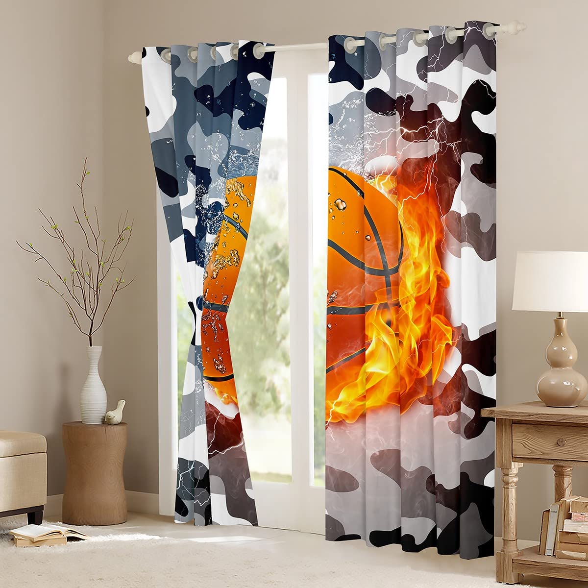 Basketball Window Treatments For Boys, Grey Black Camo Window Curtains 52