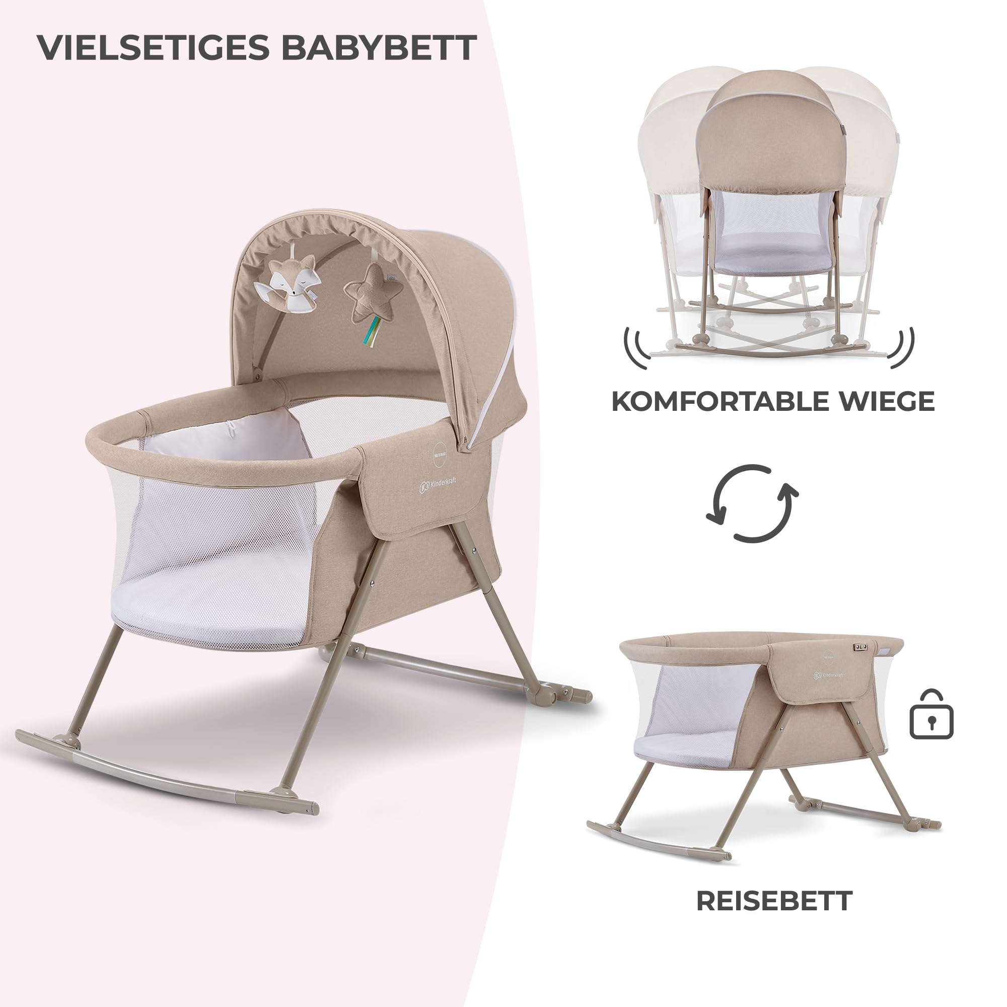 kk Kinderkraft Kinderkraft Kinderbett 3 in 1 lOVI, Kinderreisebett, Stubenwagen, Babywiege, Baby Wippe, Zusammenklappbar, Einfach Transport, mit Zubehör, Tasche, Moskitonetz,von Geburt bis 9 kg, Beige