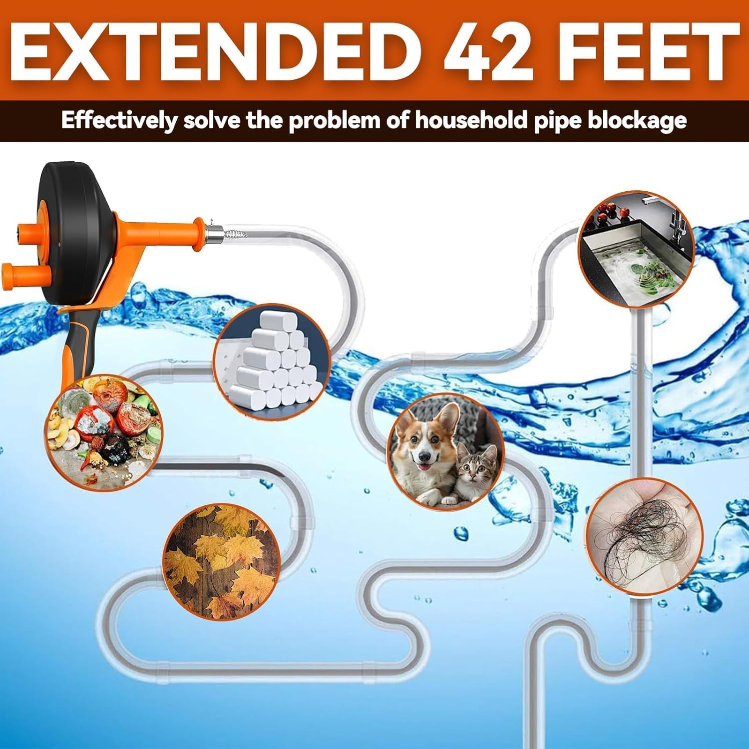 NBYTLT 42Ft Drain Auger, Drain Snake with Drill Bit Adapter and Flexible Hose, with Gloves and Storage Bag, Manual Dual-use Plumbing Snake Suitable for Kitchen, Bathroom — view 6