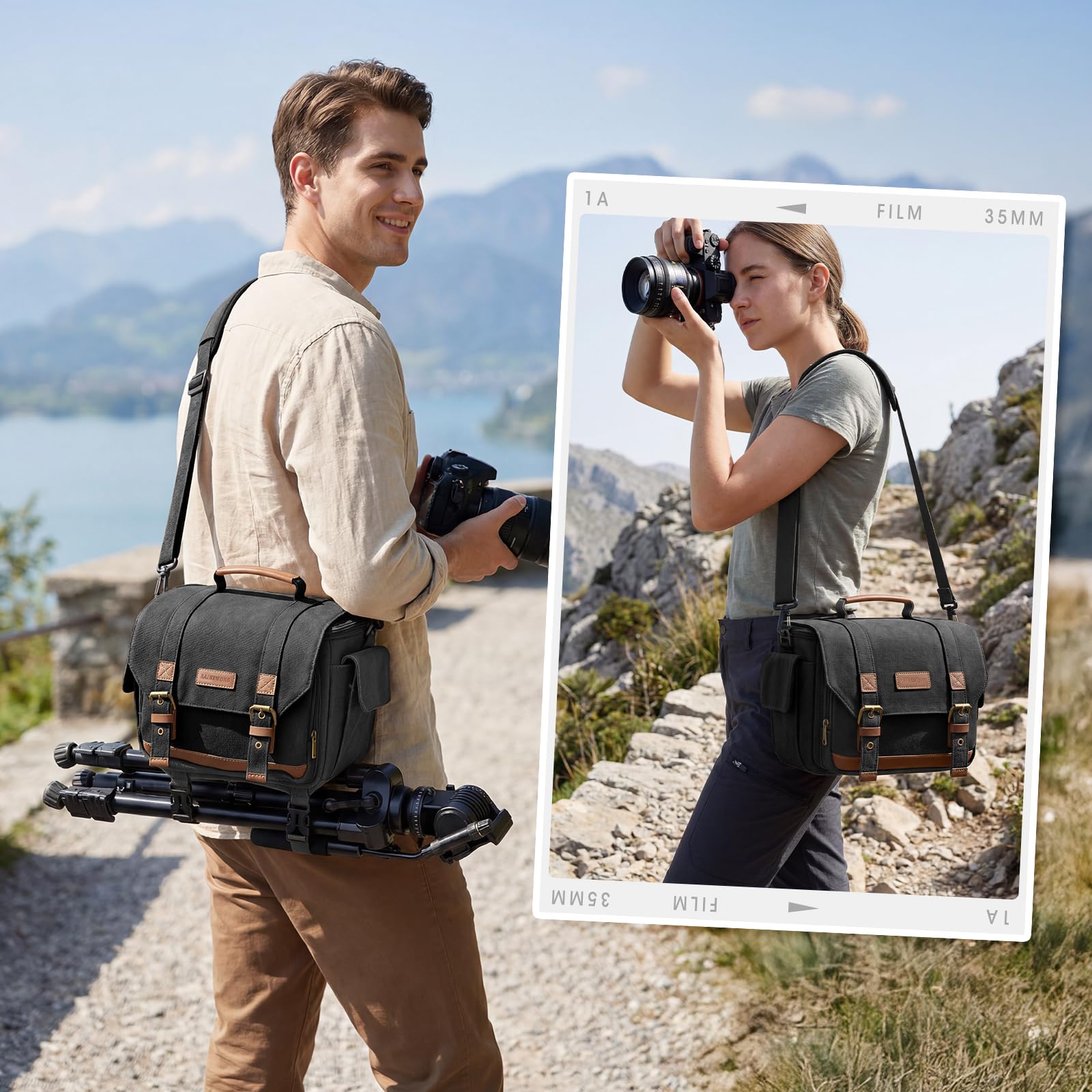 RAINSMORE Sac pour Appareil Photo Bandoulière Vintage en Toile Imperméable, Sacoche pour Appareil Photo Reflex et Hybride avec Housse de Pluie, Support Trépied et Fermetures SBS